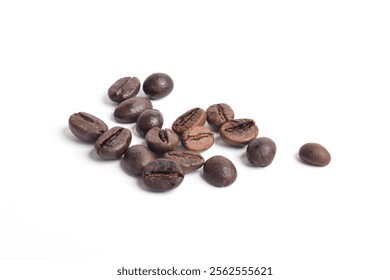 Many roasted coffee beans isolated on white, top view