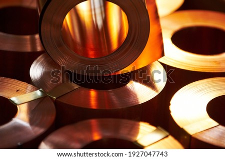 Many rolls of copper, warehouse copper plates. close up