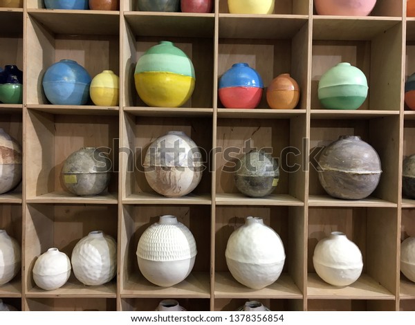 Many Round Ceramic Vases On Wood Stock Photo Edit Now 1378356854