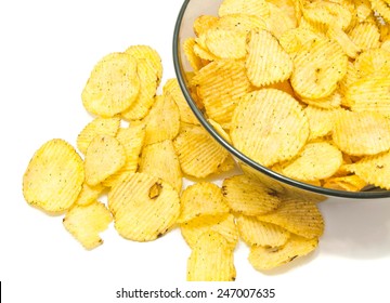 Many Ruffles Potato Chips Closeup On White Background