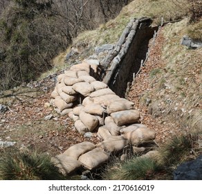 Many Sandbags For The Protection Of The War Trenches Dug Into The Mountain By Young Soldiers Of The Army