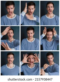 The Many Sides Of Me. Composite Shot Of A Young Man Pulling Funny Faces In Studio.