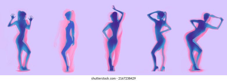 Many Silhouettes Of Beautiful Sexy Women Behind Curtain On Lilac Background