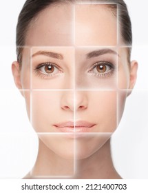 So Many Skin Types. Closeup Concept Portrait Of A Beautiful Young Woman With A Grid Pattern Layered Over Her Face.