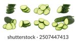 Many sliced cucumbers isolated on white, collage