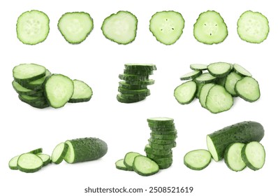 Many sliced cucumbers isolated on white, collage - Powered by Shutterstock