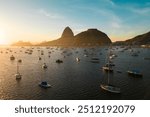 Many Small Boats in Botafogo Bay With Sugarloaf Mountain in the Horizon on Sunrise in Rio de Janeiro, Brazil