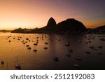 Many Small Boats in Botafogo Bay With Sugarloaf Mountain in the Horizon on Sunrise in Rio de Janeiro, Brazil