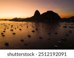 Many Small Boats in Botafogo Bay With Sugarloaf Mountain in the Horizon on Sunrise in Rio de Janeiro, Brazil