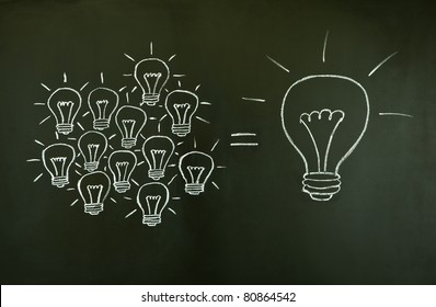 Many small ideas equal a big one, illustrated with chalk drawn light bulbs on a blackboard. - Powered by Shutterstock