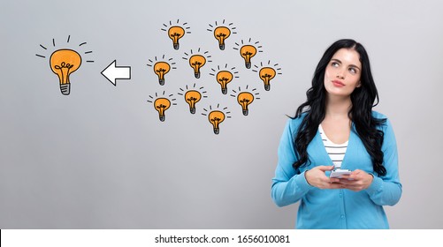 Many Small Ideas Into One Big Idea With Thoughtful Young Woman Holding A Smartphone