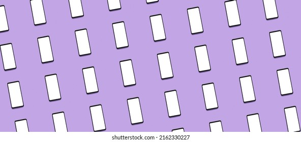 Many Smartphones With Blank Screens On Lilac Background. Pattern For Design