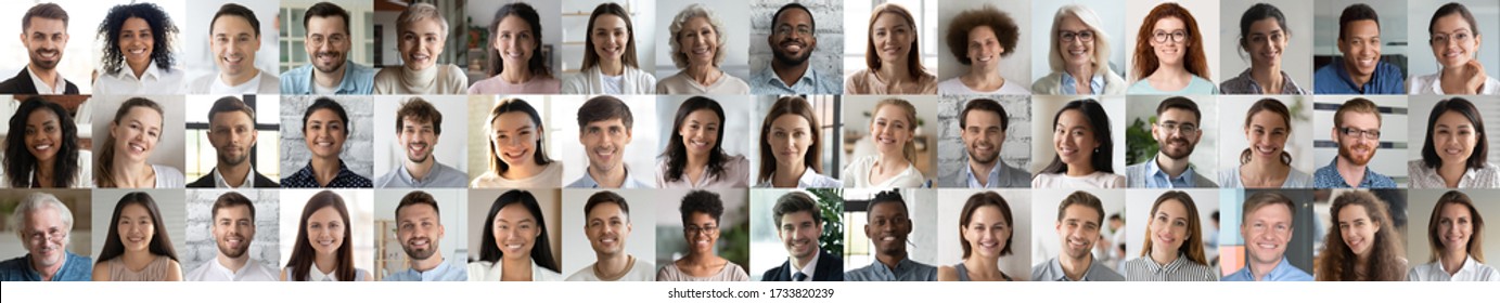 Many smiling multiethnic people faces headshots collage mosaic  Lot young   old adult diverse ethnicity professional people group looking at camera  Horizontal banner for website header design