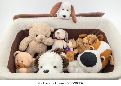 Many Stuffed Toys In A Basket, Focus Select Dog
