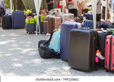 Many Suitcase Bags Travel Group Tour, Business Travel On Hotel Background.