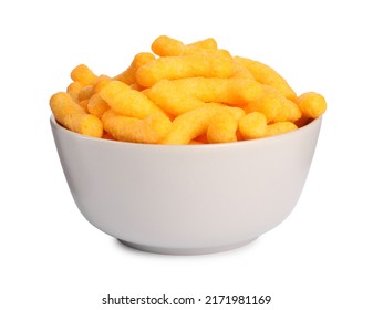 Many tasty cheesy corn puffs in bowl isolated on white - Shutterstock ID 2171981169