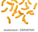 Many tasty corn sticks falling on white background