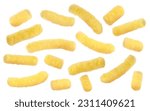 Many tasty corn sticks falling on white background