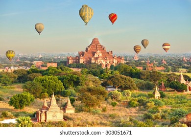 Many Temple And Pagoda In Bagan Myanmar With Hot Air Balloon