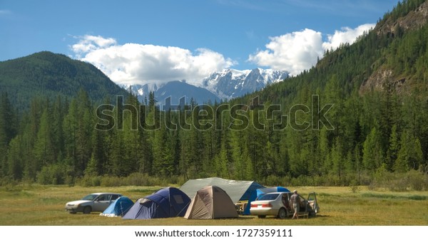 Many tents  In tourist spots,\
on mountains and pine forests. Altai, Russia.  tourist tents on\
mountain background.  summer camping. mountain peaks with\
snow.