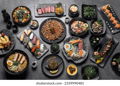 many traditional gourmet japanese food dishes variety on grey background - Powered by Shutterstock