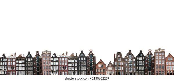 Many traditional houses in Amsterdam in the Netherlands in a row isolated on white background.