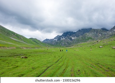 Many trekker walking past Gadsar lake and a meadow at kashmir great lakes trek in kashmir. Many person in the mountains and lake of Kashmir, India. The breathtaking view of Krishansar lake on blue sky
