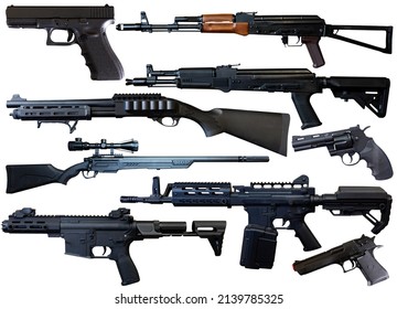 Many types of firearm cutouts isolated over white background.