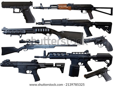 Many types of firearm cutouts isolated over white background.