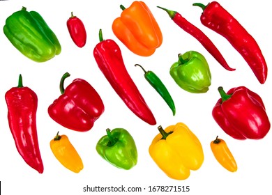 Many types of peppers, colorful bell peppers or capsicum, chili peppers and paprika isolated on white 