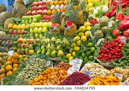 Many various fruit and vegetables at a market stall in Barcelona
