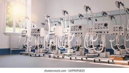 Many ventilators and respirators in stock in a clinic warehouse during coronavirus epidemic - medical concept image