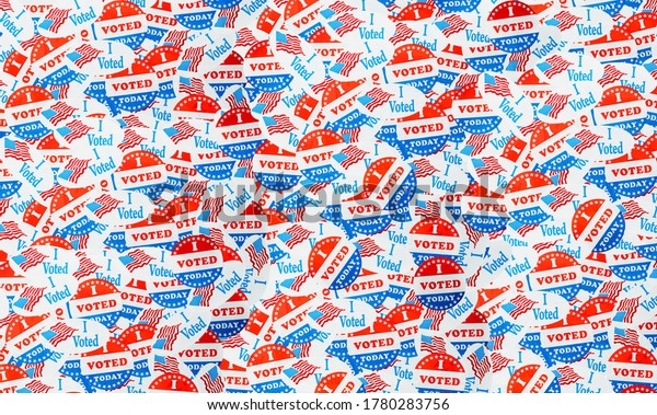 Stock photo of many campaign buttons or stickers for the US elections in 2020