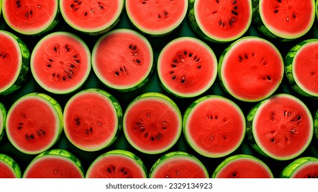 Many watermelon half slice. Ripe red flesh pulp summer vibe healthy snack. Fresh vitamin vegan diet natural fruit close up photo
