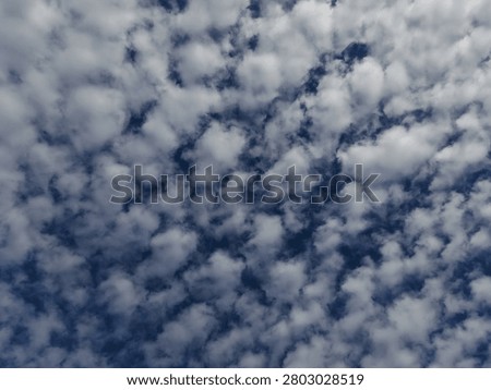 Many white fluffy small clouds in the summer blue sky. Natural colors and clouds. Abstract textured nature background