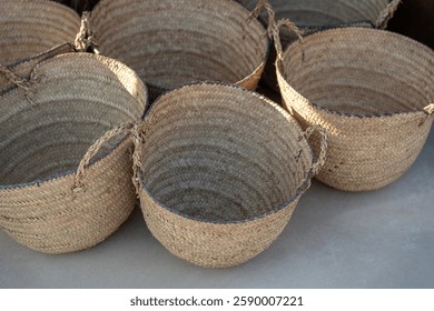 Many Wicker Baskets on UAE Handicraft Market, New Wickerwork, Hand Made Basket, Reed Containers, Natural Vintage Decoration in Abu Dhabi, UAE