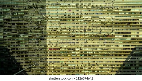 Many windows in a building and its reflection