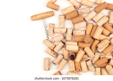 Many wine corks and a corkscrew on a white background with a place for text. A design template for a tasting invitation or restaurant menu