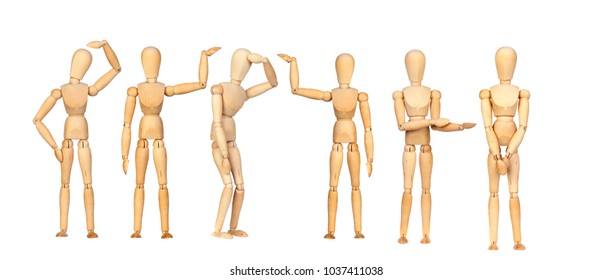 Many wooden mannequin doing differents gestures isolated on a white background - Powered by Shutterstock