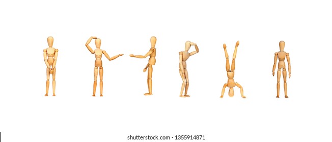 Many wooden mannequin doing differents gestures isolated on a white background - Powered by Shutterstock - Get 15% off with code: PIKWIZARD15