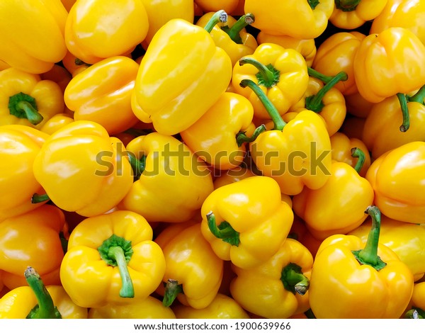 Many yellow organic bell\
pepper or capsicum in market for sale. Pile of sweet bell pepper\
background.