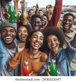 many young african men and women, smiling, are happy and raise their arms in the air, some have a bottle of fruit juice, an urban background