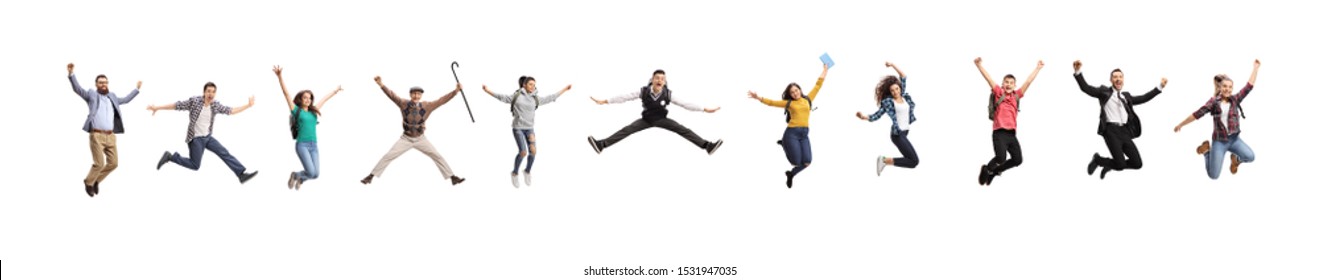 Many young and older people jumping out of happiness isolated on white background