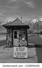 Manzanar California 4-25-2022 Black and white monochrome of the entrance to Manzanar Historic Site in California. The location of a Japanese American internment camp during World War 2.
