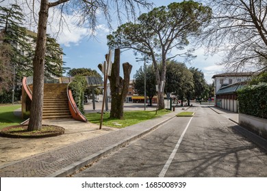 Manzano, Italy - 25.03.2020: Little Italian City During An Epidemic. Deserted Central Square. No People. No Cars. No One. Manzano, Friuli-Venezia Giulia. Italy