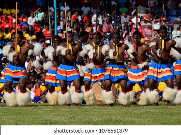 MANZINI, SWAZILAND - APRIL 19, 2018: Swazi Warriors Dance For King Mswati III On The Occasion Of His 50th Birthday.