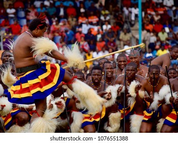 MANZINI, SWAZILAND - APRIL 19, 2018: A Swazi Prince Performs A Traditional Dance With Fellow Warriors At The Country's 50:50 Celebrations.