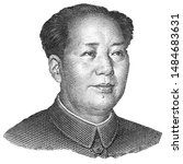Mao Zedong black and white portrait close up isolated on white background. Fragment of chinese banknote
