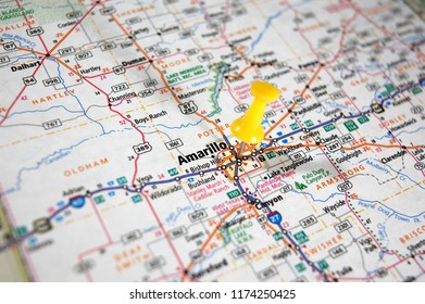 A Map Of Amarillo, Texas Marked With A Push Pin.