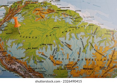 Map of the Amazon Basin, it is the river basin with the greatest biological diversity in the world, it drains its waters to South America, its mining is gold, copper, sulfur, fluorine, phosphates     